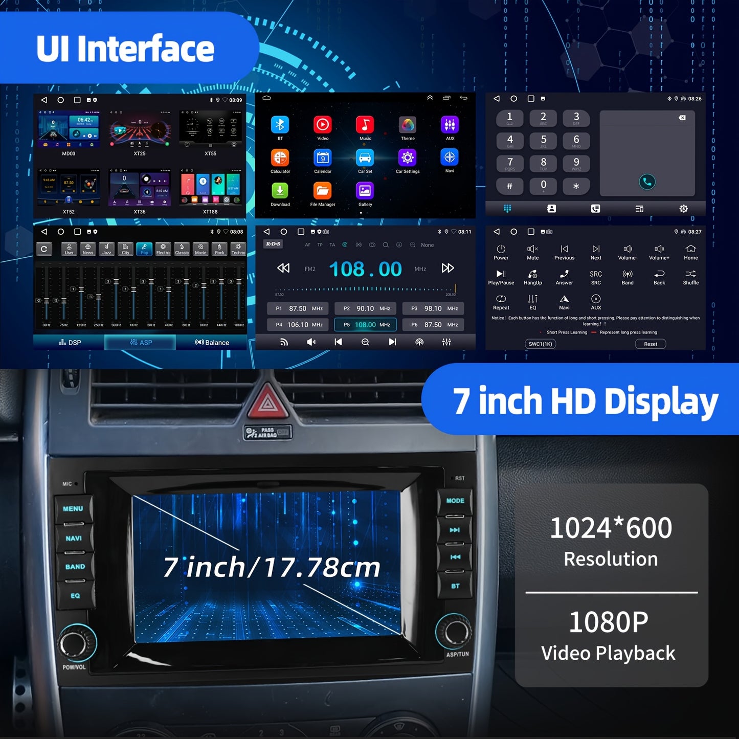 Android Auto Radio – Auto Stereo – Multimedia Speler – Navigatiesysteem – Draadloze CarPlay – 7 Inch HD Touchscreen – Android 14 Systeem – AHD Achteruitrijcamera Met Microfoon