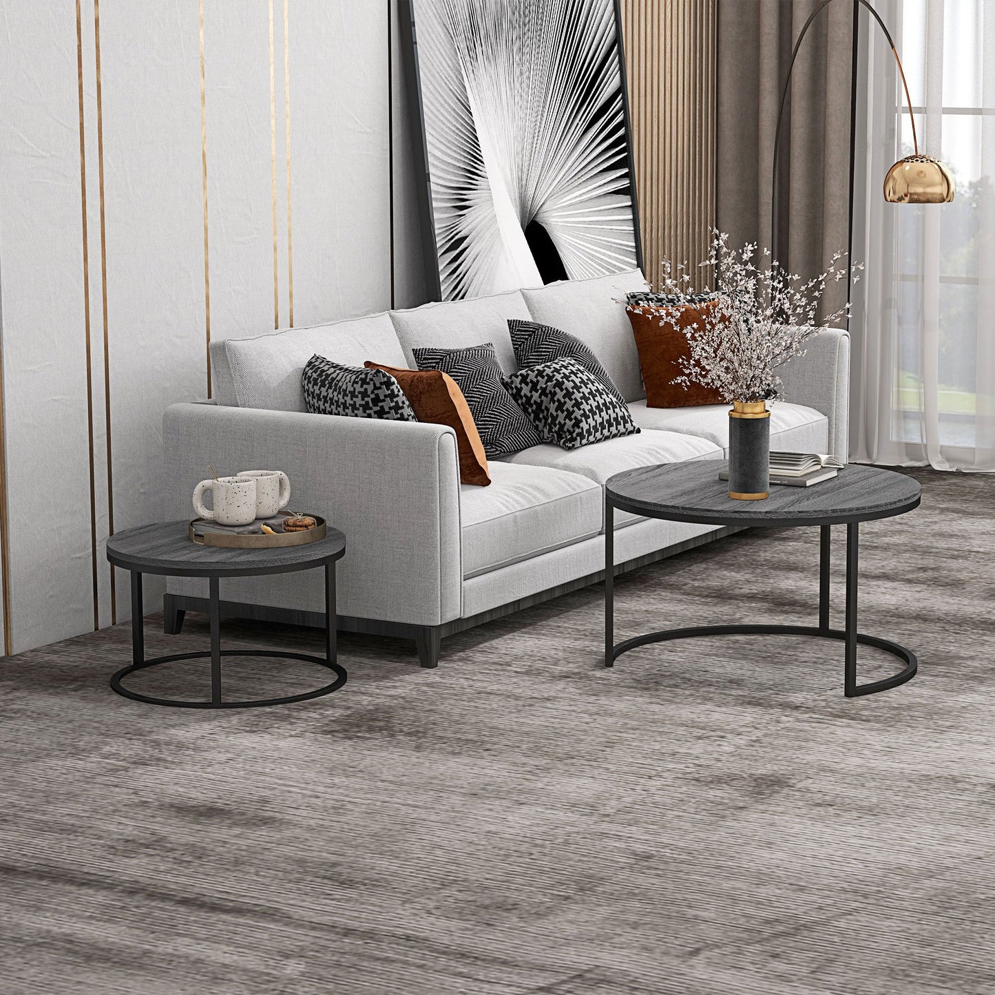 Set Van 2 Bijzettafels – Ronde Salontafel – Nestbare Tafels – Zwarte Tafel – Industrieel Design – Metaal Frame – Compact En Stevig