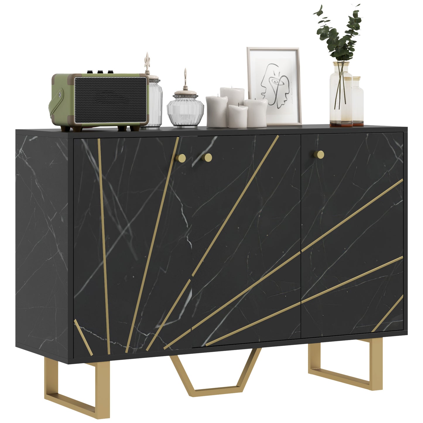 Dressoir – Opbergkast – Buffetkast – Sideboard – Kast – Zwart Marmerlook – 107x35x75 cm – Verstelbare Planken