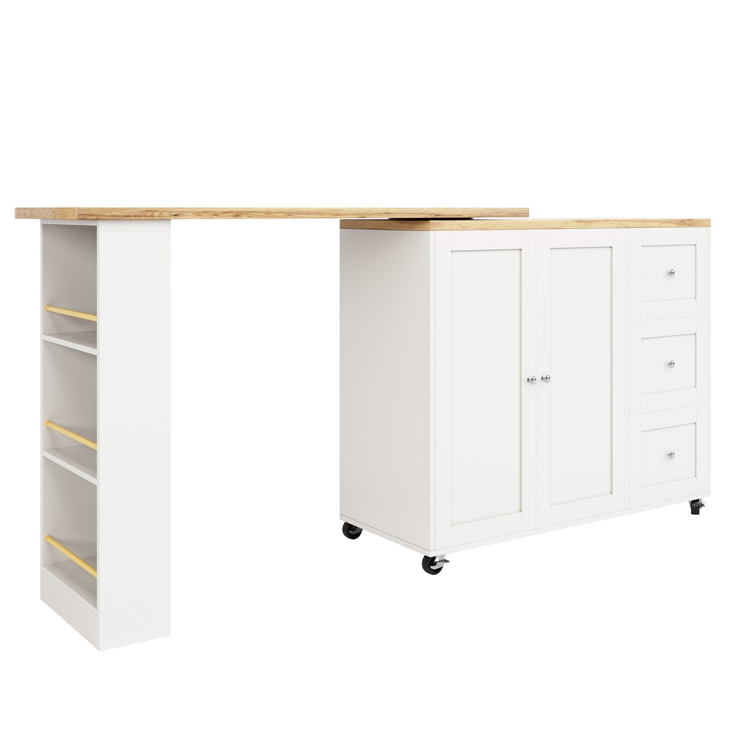 Dressoir – Sideboard – Opbergkast – Ladekast – Draaibaar 360° – Uittrekbare Lengte 135-203 cm – Met Wieltjes en Lade