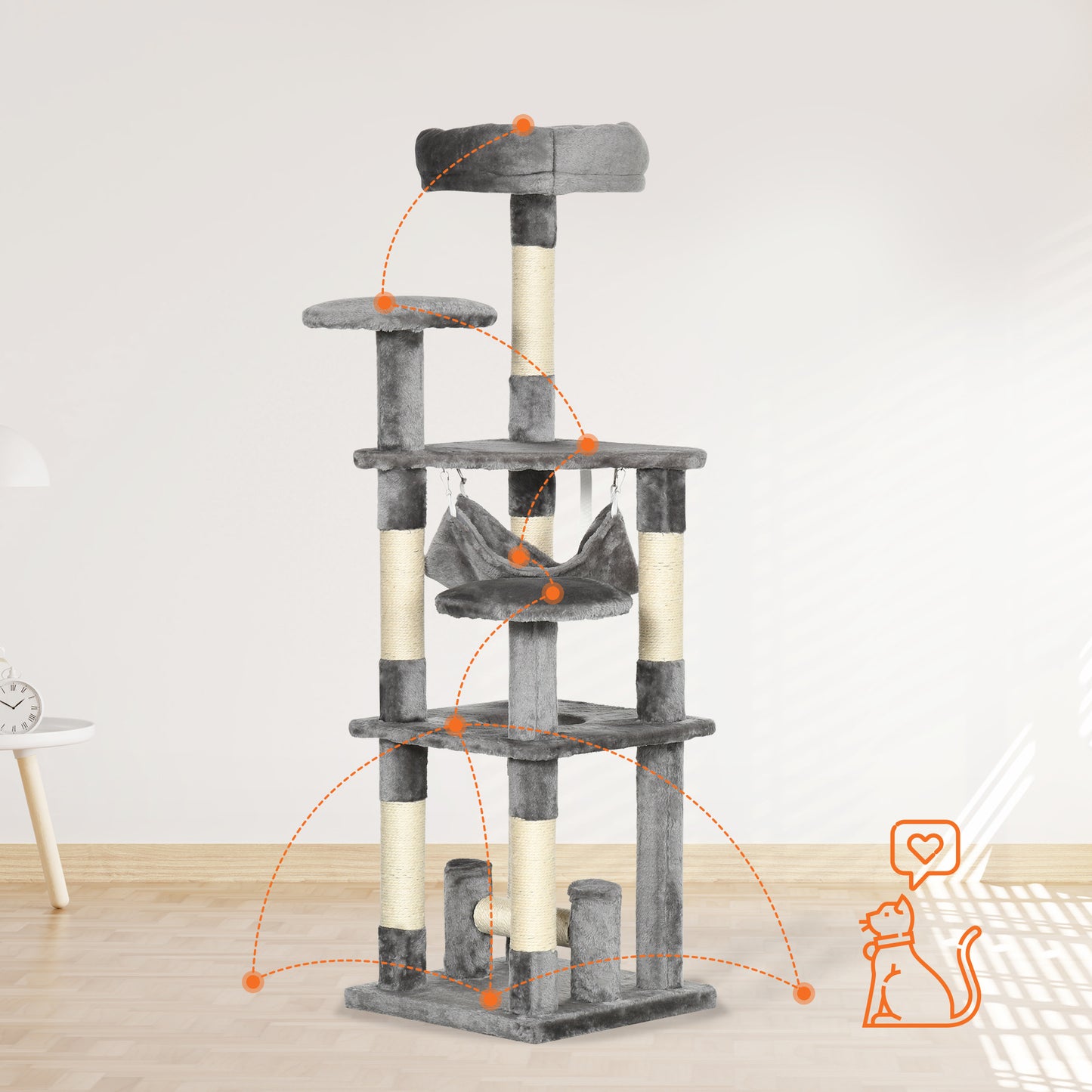 Krabpaal – Kattenboom – Krabmeubel – Klimpaal – Speelpaal – Grijs – Stevige Houten Constructie – Comfortabele Hangmat
