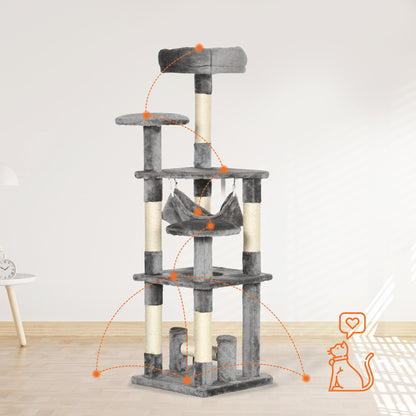 Krabpaal – Kattenboom – Krabmeubel – Klimpaal – Speelpaal – Grijs – Stevige Houten Constructie – Comfortabele Hangmat