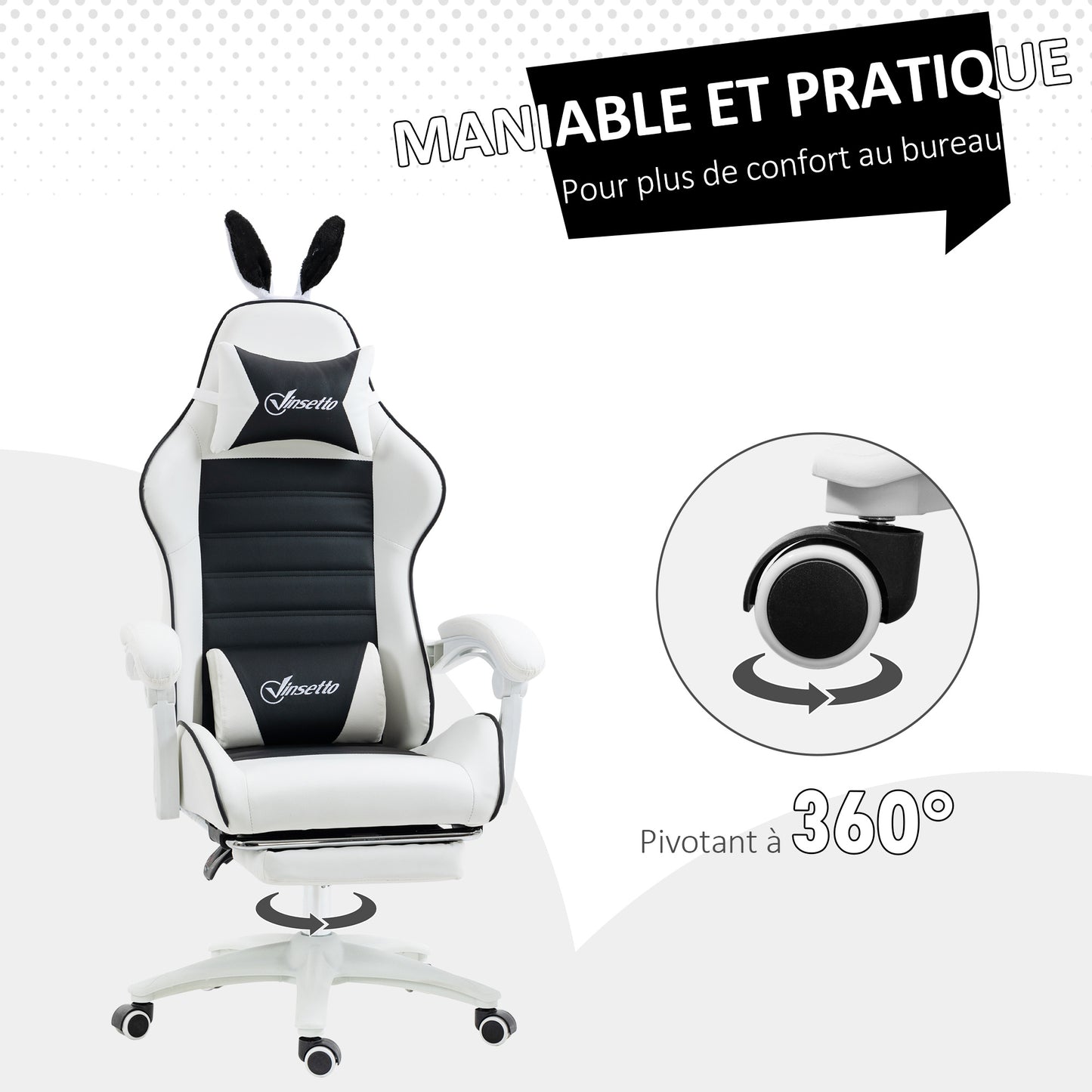 Gamingstoel – Bureaustoel – Gamestoel – Werkstoel – Stoel Met Bunny Ears – Verstelbare Hoogte – Verstelbare Rugleuning Tot 135° – Uittrekbare Voetensteun – Met Hoofd- En Lendensteunkussens – Zwart – Polyurethaan Bekleding