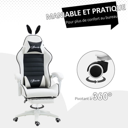 Gamingstoel – Bureaustoel – Gamestoel – Werkstoel – Stoel Met Bunny Ears – Verstelbare Hoogte – Verstelbare Rugleuning Tot 135° – Uittrekbare Voetensteun – Met Hoofd- En Lendensteunkussens – Zwart – Polyurethaan Bekleding