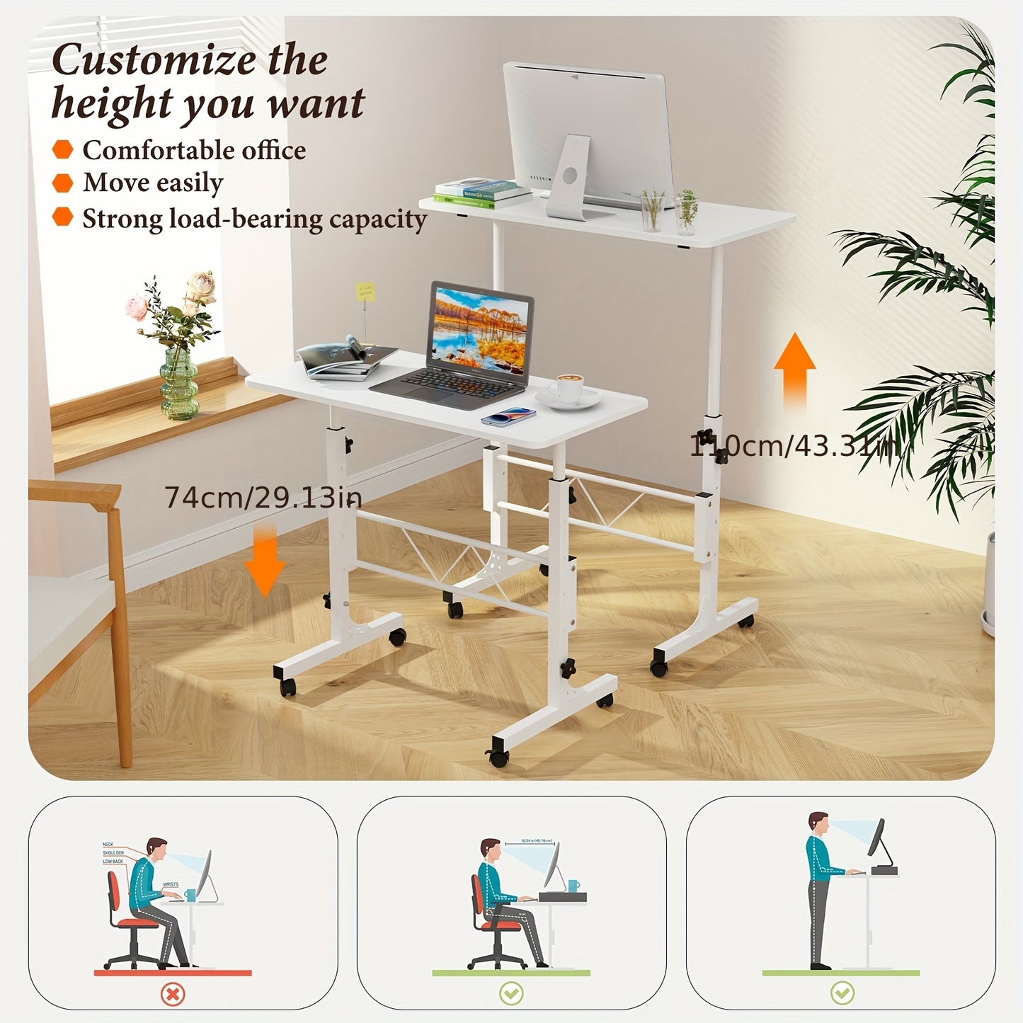 Invalbureau – Mobiele Werkplek – Verstelbaar Bureau – Laptoptafel – Compact Bureau – Hoogte Verstelbaar Tot 110 cm – Met Zwenkwieltjes Voor Makkelijk Verplaatsen