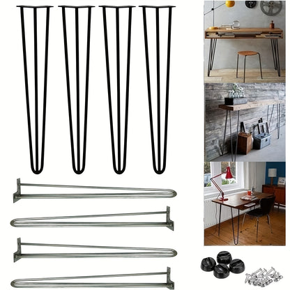28-Inch Metal Table Legs, 71cm, Original Color/Black, Steel, Hairpin Style, Sturdy 3-Rod Design, Mid-Century Modern Furniture, Industrial Style, for Desk, Dining Table, and DIY Furniture, with Protective Caps and Screws, 4pcs