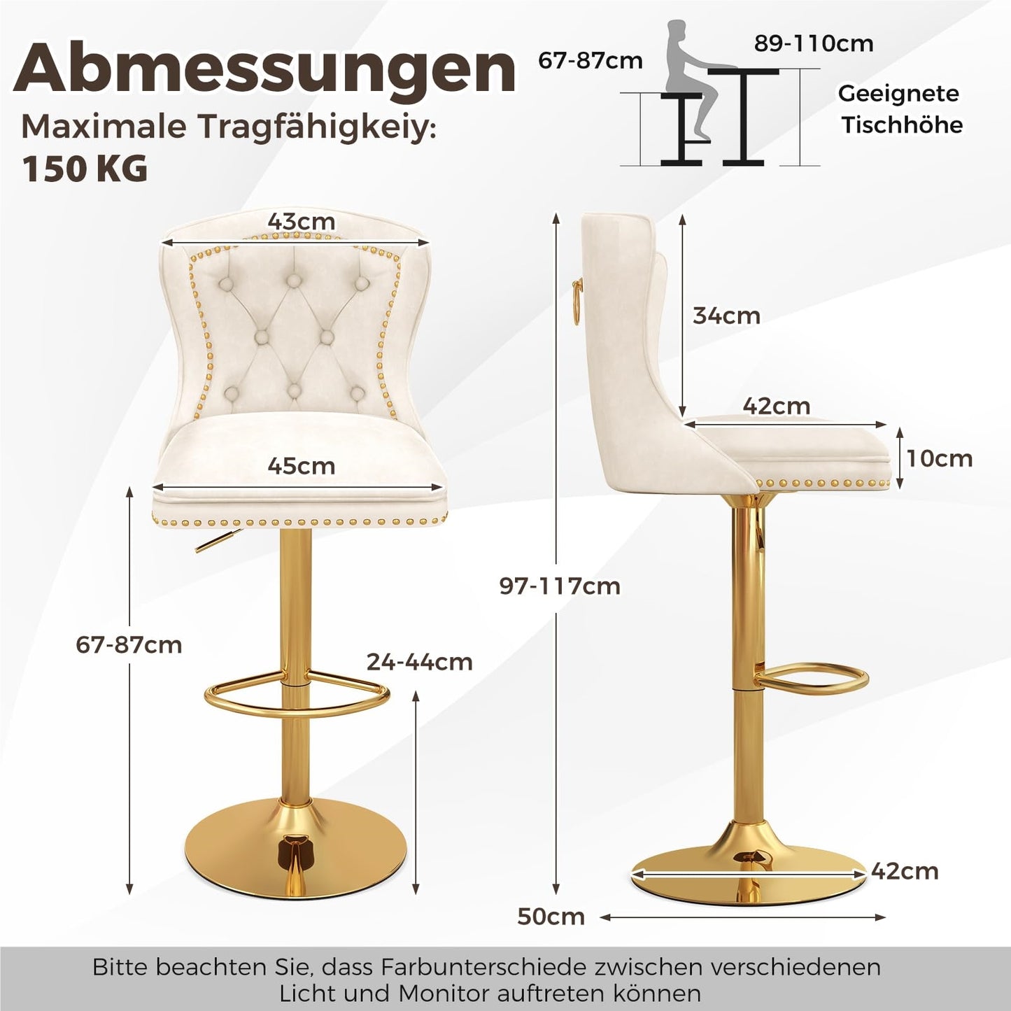 Barstoel – Barkruk – Keukenkruk – Stoel Met Rugleuning – Draaiende Kruk – Verstelbare Zithoogte 67-87 cm – Luxe Beige Fluwelen Bekleding