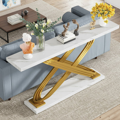 Moderne Sidetable – Console Tafel – Haltafel – Sofa Tafel – Smalle Tafel – Gouden Metaal Frame – Kunstmarmeren Blad – 139,7 cm – Verstelbare Hoogte