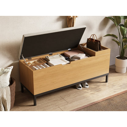 Opbergbank – Zitbank – Opbergbox – Halbank – Opbergkist – MDF Materiaal – Kantelbeveiliging – Comfortabele Zitting – 115x40x49,5 cm – Beige/Lichtgrijs