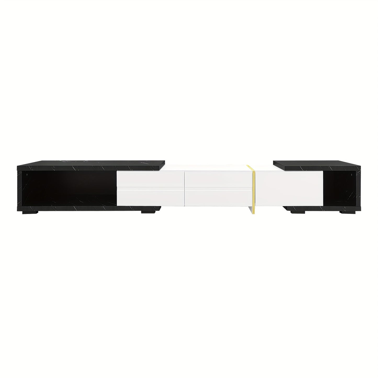 TV-meubel – TV-kast – Media Meubel – TV-standaard – Tv-dressoir – Verstelbare Lengte 140-260 cm – Draaifunctie – Mat Wit Hoogglans Met Zwart Marmerlook en Gouden Accenten