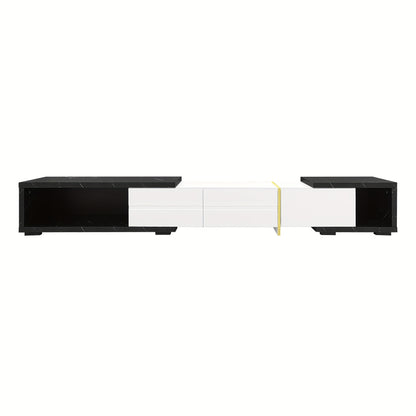 TV-meubel – TV-kast – Media Meubel – TV-standaard – Tv-dressoir – Verstelbare Lengte 140-260 cm – Draaifunctie – Mat Wit Hoogglans Met Zwart Marmerlook en Gouden Accenten