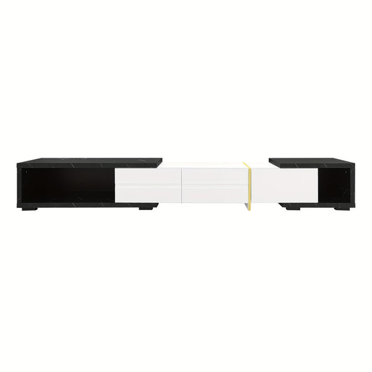 TV-meubel – TV-kast – Media Meubel – TV-standaard – Tv-dressoir – Verstelbare Lengte 140-260 cm – Draaifunctie – Mat Wit Hoogglans Met Zwart Marmerlook en Gouden Accenten