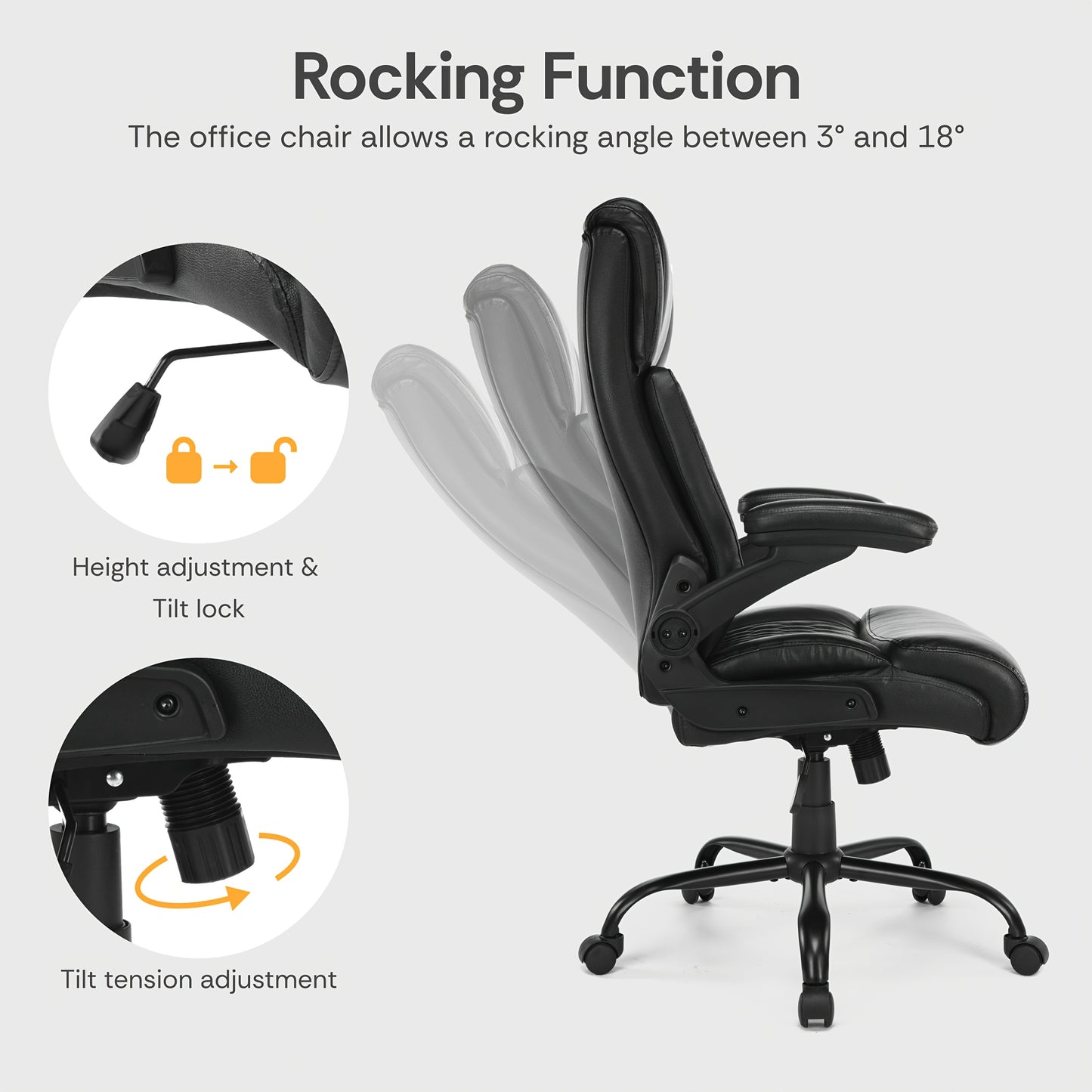 Bureaustoel – Kantoorstoel – Directiestoel – Office Chair – Bureau Stoel – Ergonomisch Design – Breed Zitvlak 54 cm – PU Lederen Bekleding – Verstelbare Rugleuning – Opklapbare Armleuningen – Max 150 kg