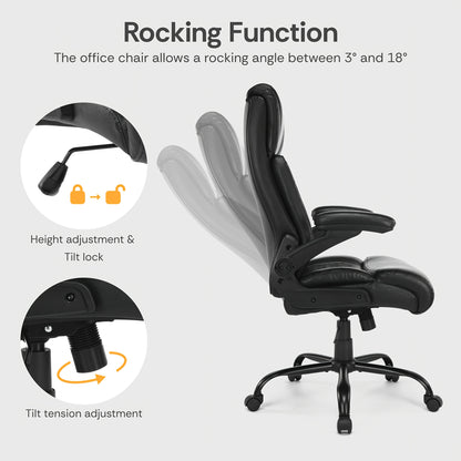 Bureaustoel – Kantoorstoel – Directiestoel – Office Chair – Bureau Stoel – Ergonomisch Design – Breed Zitvlak 54 cm – PU Lederen Bekleding – Verstelbare Rugleuning – Opklapbare Armleuningen – Max 150 kg