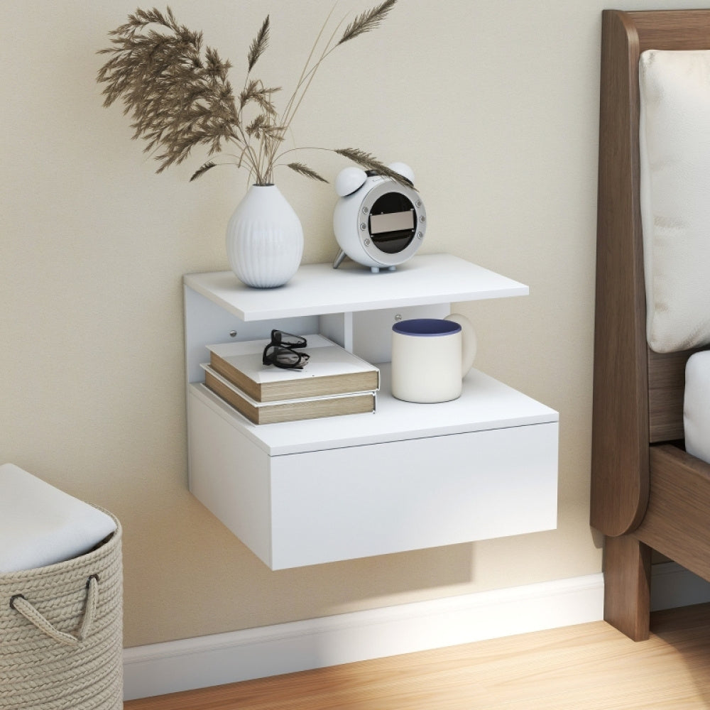 Bedside table, hanging bedside table Side table with drawers, open compartment, bedroom, living room sofa table, white, 39.8 x 35 x 31.6cm