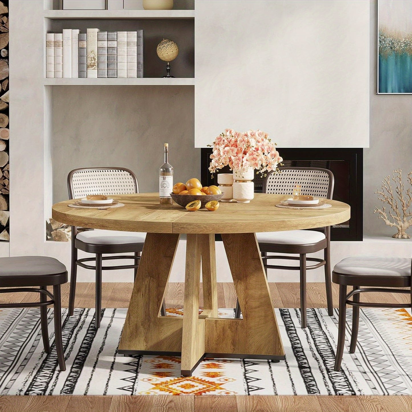47 Inch Ronde Eettafel – Ronde Tafel – Keukentafel – Eetkamertafel – Tafeltje – Licht Hout – Stevige Pedestal Basis – Ruimtebesparend Ontwerp