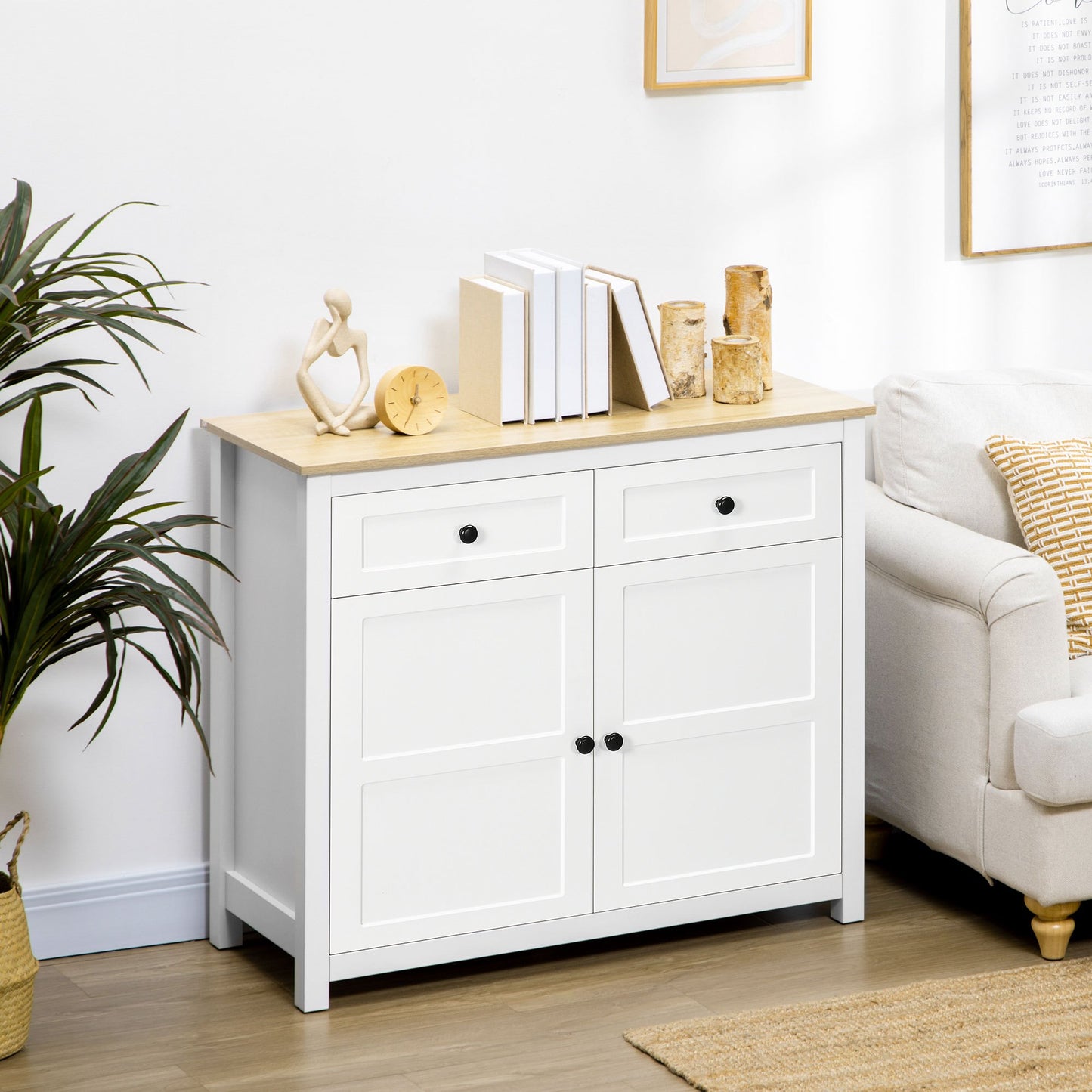 Dressoir – Opbergkast – Sideboard – Buffetkast – Ladekast – 2 Deuren & 2 Laden – Verstelbare Plank – 100x40x85 cm – Wit Houtlook