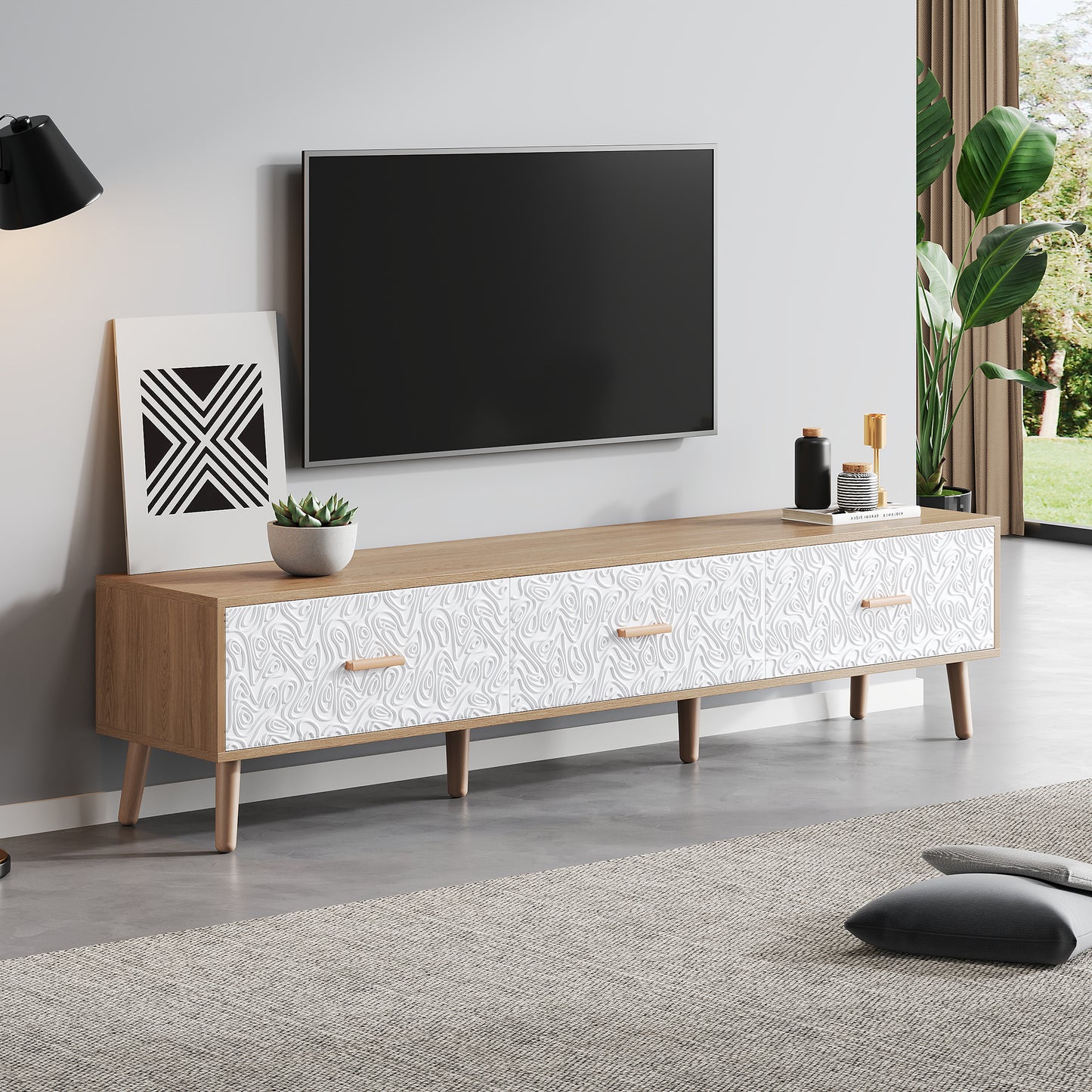 TV Meubel – TV Kast – TV Dressoir – Lowboard – TV Meubelen – Scandinavisch Design – 150x35x39 CM – Lichte Houtstructuur Met Witte Fronten