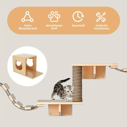 Katten Klimrek – Krabpaal – Klimpaal – Kattenhuis – Kattenplank – Wandmontage – Duurzaam Hout – Compleet 9-delig Systeem – Gele Variant