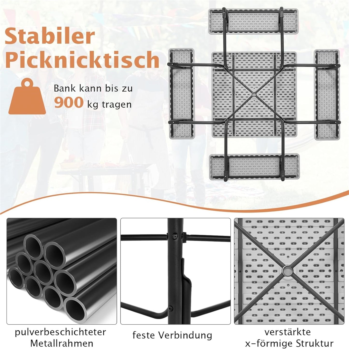 Tuinset – Picknicktafel – Zitgroep – Buitenmeubelen – Tuinmeubelen – 8 Personen – Weerbestendig HDPE – Parasolopening