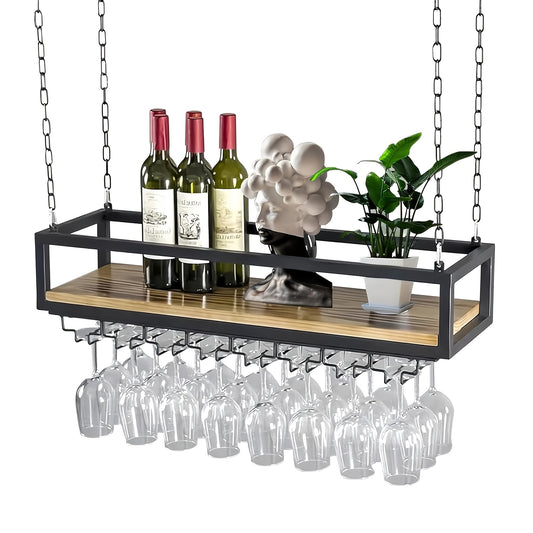 Wine Rack, Industrial Style, Ceiling-Mounted Kitchen Wine Rack with Adjustable Chains for Bar/Restaurant Wine Glass Rack 2 Tiers