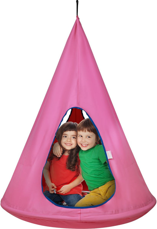 Kinderhangstoel - Met Verstelbaar Ophangtouw En Vierkleurige LED-Randverlichting - Geschikt Voor Binnen En Buiten - Duurzaam 600D Oxford Materiaal - 360° Nest Design - 113 Kg Draagvermogen - Roze