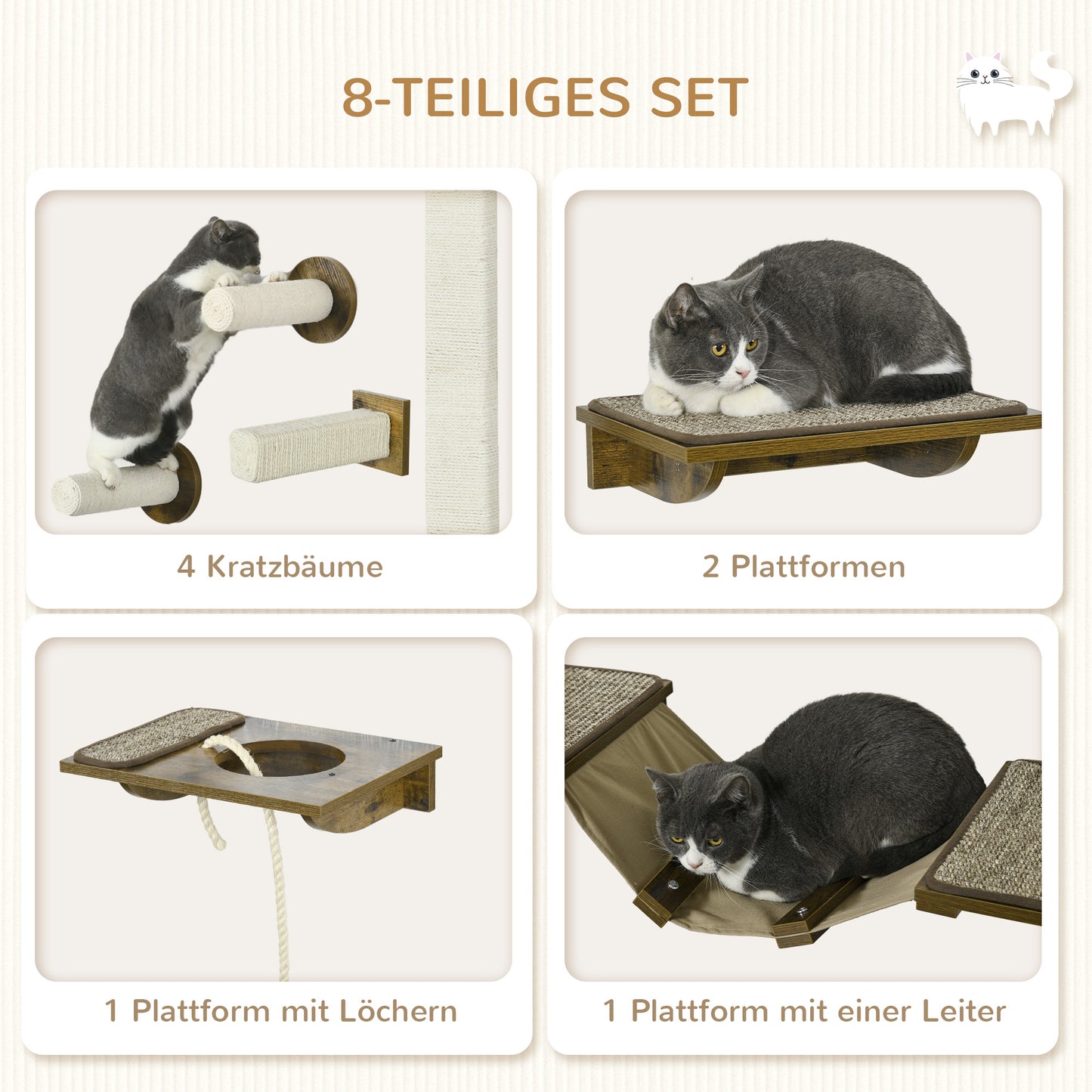 Krabpaal – Kattenkrabpaal – Kattenhuis – Kattenboom – Kattenmeubel – Duurzaam Materiaal – 8-delige Kattentrap Set Bruin/Crème Wit