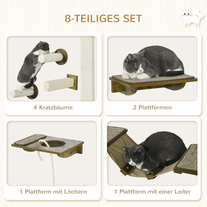 Krabpaal – Kattenkrabpaal – Kattenhuis – Kattenboom – Kattenmeubel – Duurzaam Materiaal – 8-delige Kattentrap Set Bruin/Crème Wit