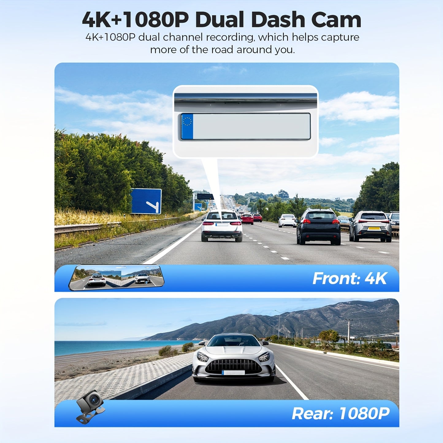 Dashcam – Dual-Channel Camera – Auto Recorder – Voor- en Achtercamera – GPS Dashcam – 4K Voor + 1080P Achter – Wifi 6 & Nachtzicht – 64GB SD Kaart Inclusief – Parkeermodus & G-Sensor