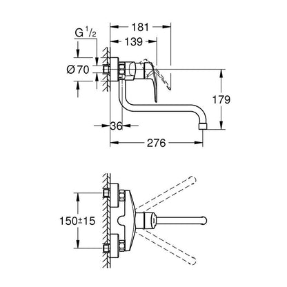 Wandkraan Keukenkraan Muurkraan Enkelhendel Kraan Vaatwaskraan – 35mm Keramische Cartridge – 360° Draaibare Uitloop 276mm Reikwijdte