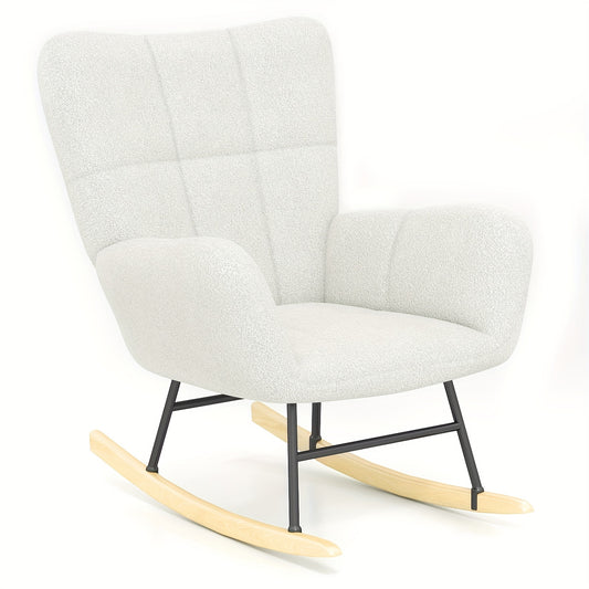 Schommelstoel Volwassenen – Relaxstoel – Hangstoel – Stoel Met Schommelfunctie – Schaukelstuhl – Hoge Rugleuning – Geheugenschuim Kussen – Teddy Fleece Bekleding – Houten Poten – Handmatig Schommelen