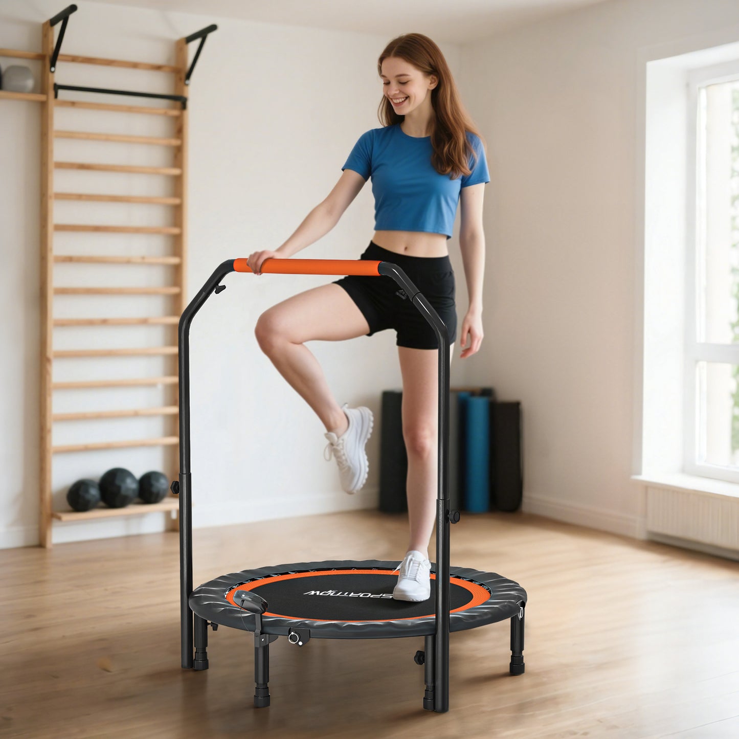 Mini Trampoline – Fitness Trampoline – Jumping Trampoline – Springmat – Trainingsapparaat – Verstelbare Handgreep 99-123 cm – LCD Monitor – Stalen Frame – Zwart/Rood – Ø102 cm
