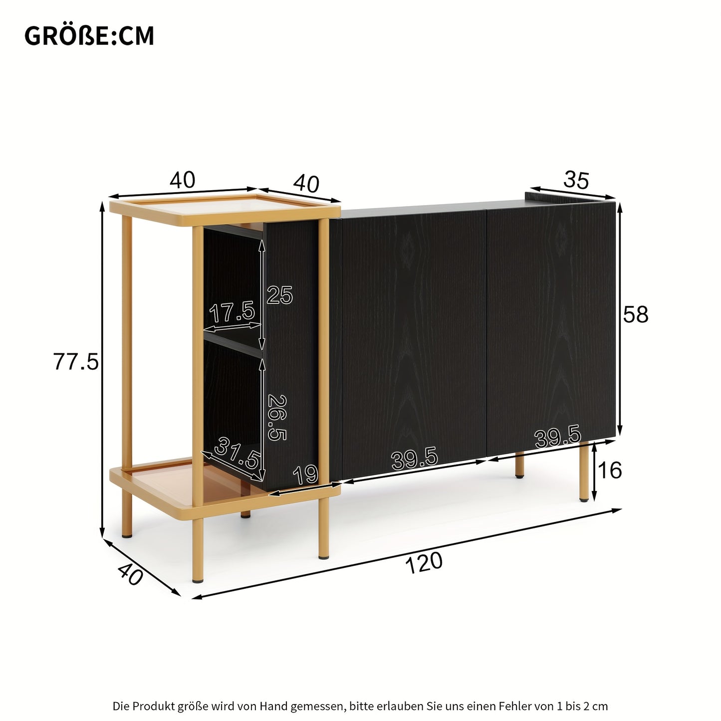 Modern White & Black Metal Sideboard with Glass Doors & Open Shelves - 2-Door Contemporary Storage Cabinet, Space-Saving Design for Small Spaces, 120x40x77.5cm, Durable Metal Construction, Ideal for Living Room, Entryway, Hal