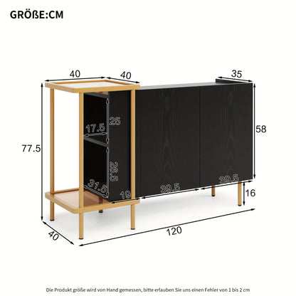 Modern White & Black Metal Sideboard with Glass Doors & Open Shelves - 2-Door Contemporary Storage Cabinet, Space-Saving Design for Small Spaces, 120x40x77.5cm, Durable Metal Construction, Ideal for Living Room, Entryway, Hal