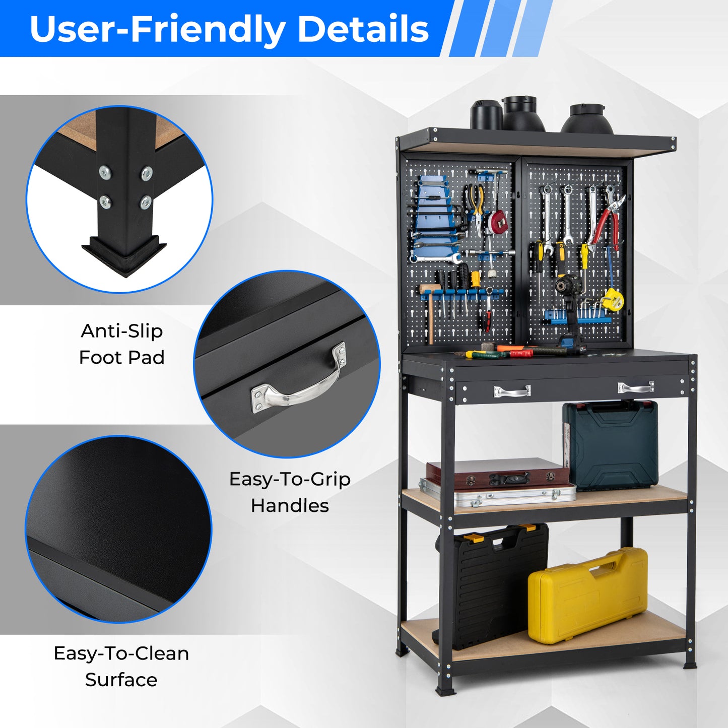 Multifunctionele Werkbank – Werktafel – Klusbank – Werkplek – Opbergmeubel – Met Pegboard – Stevig Metalen Frame – 100 kg Draagkracht – Compact & Ruim – Zwart Blauw