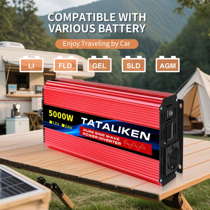 Pure Sinusgolf Omvormer – Spanningsomzetter – DC Naar AC Converter – Voertuigomvormer – Reisomvormer – 5000W Piekvermogen – USB Oplader – Aluminium Behuizing