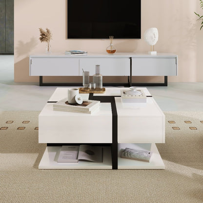 Moderne Salontafel – Hoge Glans Tafel – Opbergtafel – Lade Tafel – Vierkante Tafel – 4 Uittrekbare Laden – Duurzame Constructie – 78x78x36 cm