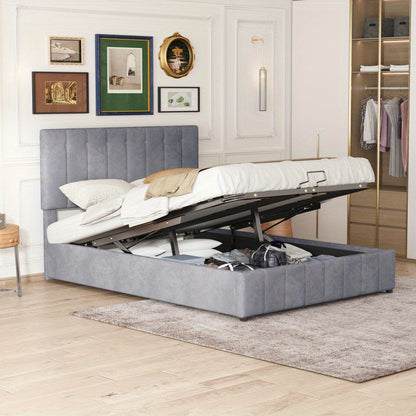 Tweepersoonsbed – Bed – Bedframe – Platformbed – Opbergbed – Gestoffeerd Linnen Beige – Hydraulische Opbergruimte – 140x200 cm