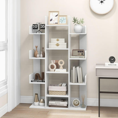 Boekenplank – Boekenkast – Wandplank – Boekenrek – Wandrek – Boomvormig Design – 13 Open Vakken – Wit Hout – Inclusief Anti-Kantel Beugels – 86x24x141 cm