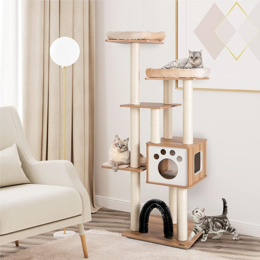 Kattentoren – Krabpaal – Kattenmeubel – Klimpaal – Kattenhuisje – Beige Houten Design – 177 cm Hoog – Zelfverzorgingsboog