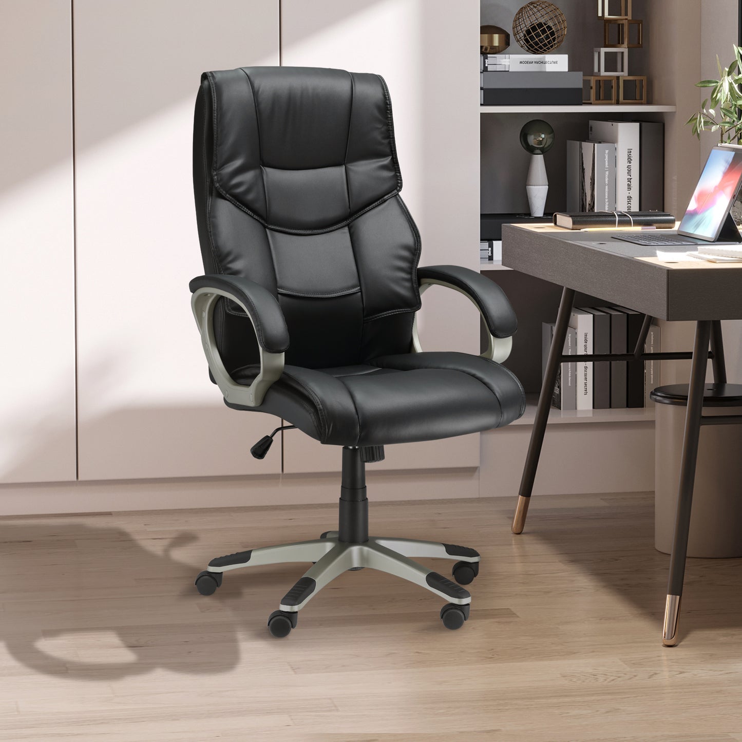Bureaustoel – Office Chair – Ergonomische Stoel – Draaistoel – Desk Chair – Met Schommelfunctie – Zwart Kunstleer – Metalen Frame – Hoge Rugleuning – 70x58x114–124 cm