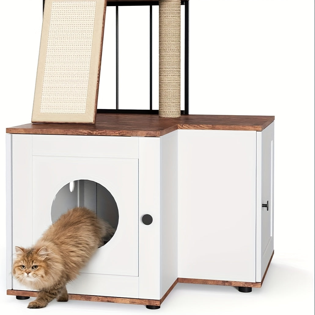 Kattenboom – Krabpaal – Kattenmeubel – Klimelement – Kattenhuis – 2-in-1 Ontwerp Met Verborgen Kattenbak – Ruime Speel- en Klimniveaus – Houten Constructie – Geurcontrole – Voor Grote Binnenkatten – 124 cm Hoog