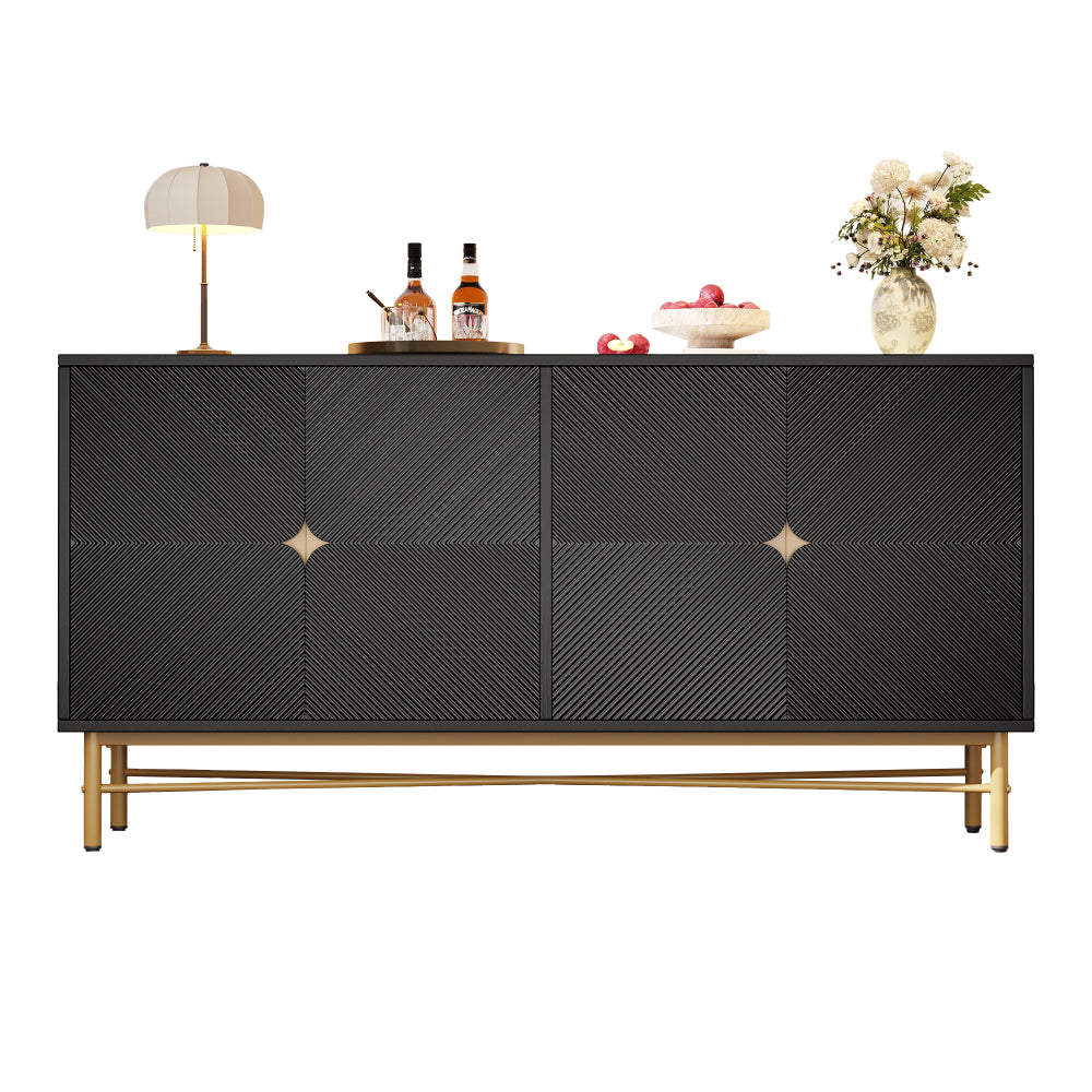 Extra Lange Kast – Dressoir – Sideboard – Opbergkast – Vitrinekast – 160 cm Breed – Zwart Spaanplaat – Vrijstaand Ontwerp – Gouden Handgrepen & Poten
