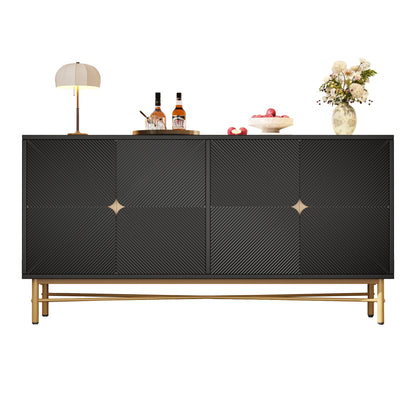 Extra Lange Kast – Dressoir – Sideboard – Opbergkast – Vitrinekast – 160 cm Breed – Zwart Spaanplaat – Vrijstaand Ontwerp – Gouden Handgrepen & Poten