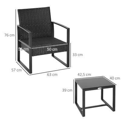 Tuinset 2-Zits – Bistroset – Loungeset – Balkonset – Zwart – Weerbestendig Wicker Rattan – Afneembare Kussens Met Glazen Tafelblad