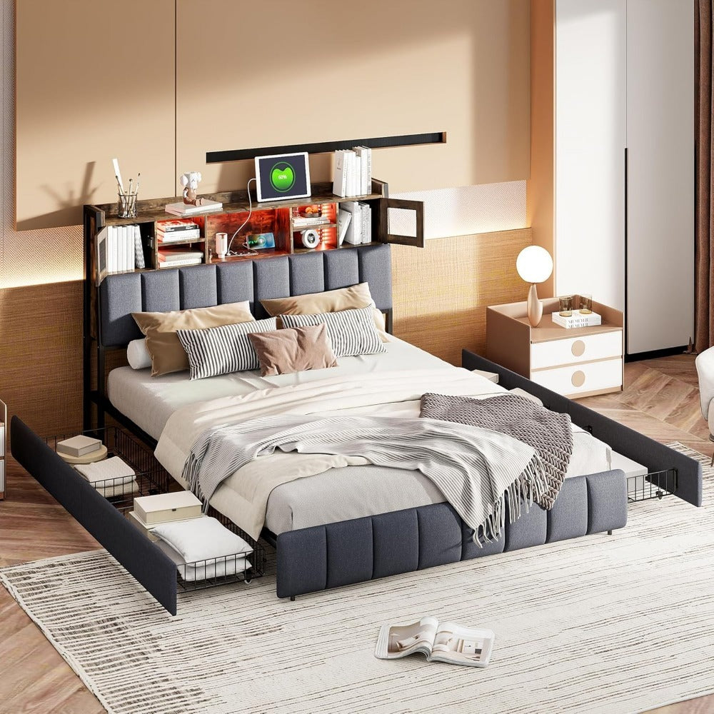 Tweepersoonsbed – Stalen Bedframe – Linnen Bed – Opbergbed – Led Bed – 140x200 cm – USB Aansluiting – 4 Ladevakken