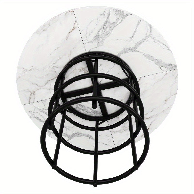 Eettafelset – Eethoek – Eetkamerset – Keukentafelset – Zitgroep – Ronde 100 cm Tafel – Wit Marmerlook Plastic Blad – Grijze Stoffen Stoelen – Compact & Onderhoudsvriendelijk