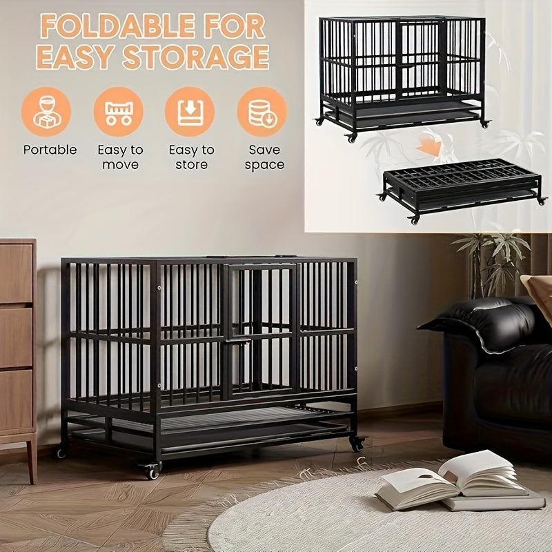 Heavy-Duty Double Door Dog Crate - Foldable Kennel with 360° Wheels, Removable Tray, Large Doors - Easy Assembly & Collapsible Design for Medium Dogs - Escape-Proof Steel Construction for Indoor/Travel Use - Ideal for Strong