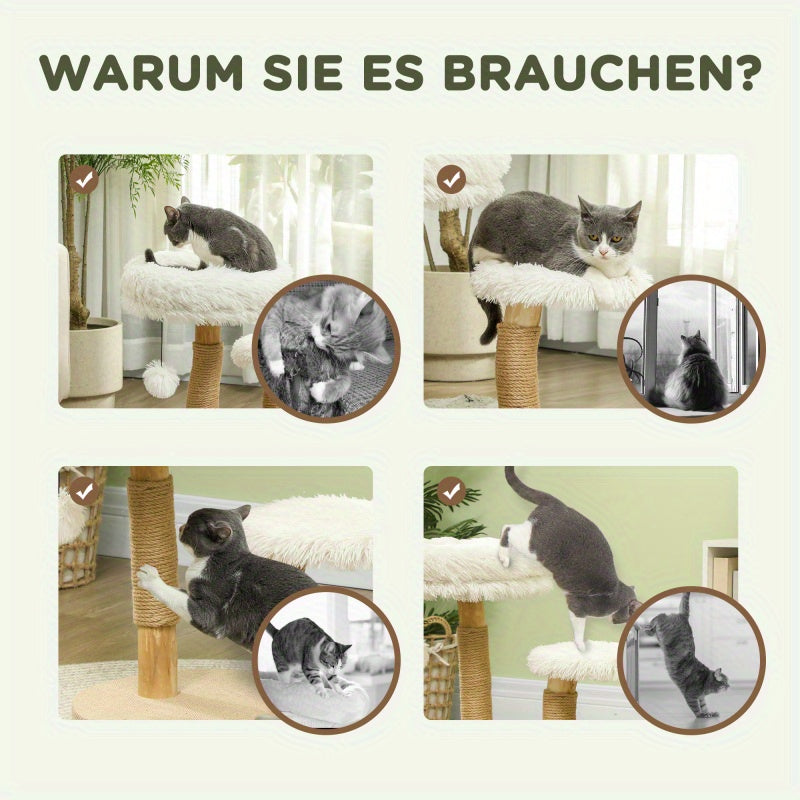 Krabpaal – Kattenboom – Krabmeubel – Kattenhuis – Kattentoren – Multifunctioneel – Berkenhout – 61,5 cm Hoog – Inclusief Pluche Mandje