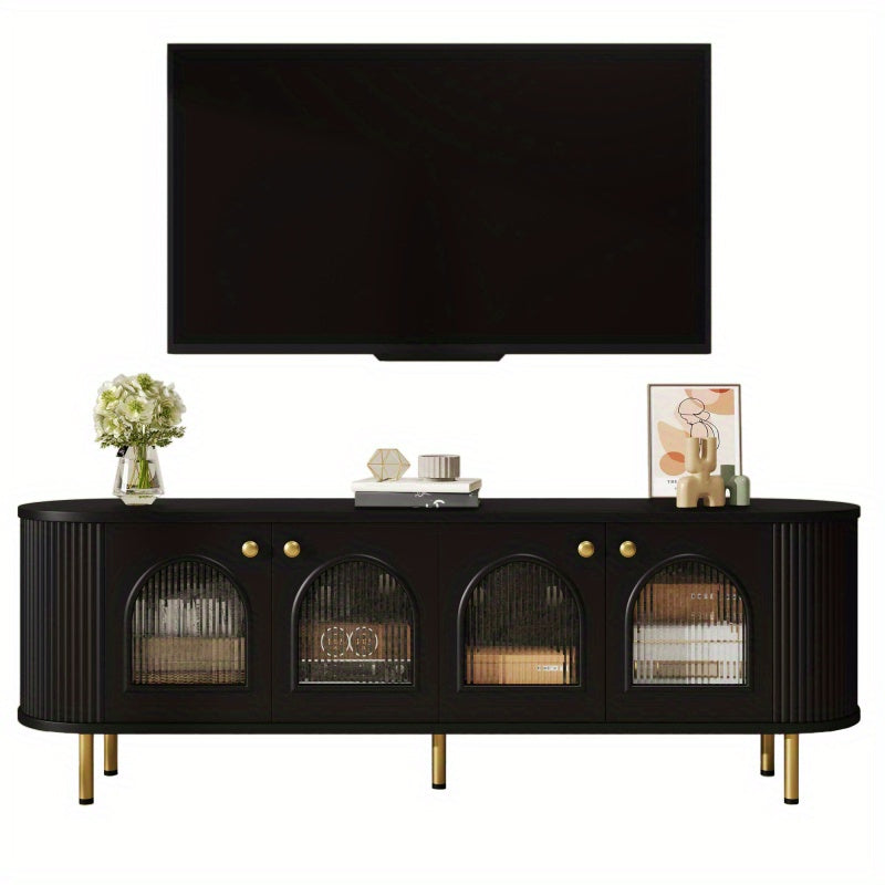 Tv-meubel – Lowboard – TV-kast – Media meubel – TV-dressoir – Zwart MDF met glazen deuren – Gouden handgrepen en poten – Ruime opbergruimte – Afgeronde hoeken